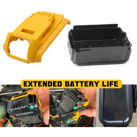 Heavy Duty Rock Solid Battery Case Shell Replacement For 18V And 20V Cordless Power Tool Batteries DCB200 DCB201 DCB203 DCB204 DCB205 Busted Housing Repair Kit showing yellow and black shell.