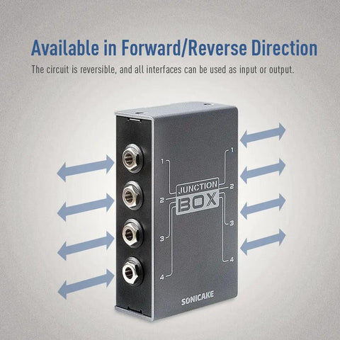 Junction Box for Guitar and Bass Pedals, TRS Stereo Four-Channel Organizer to Tidy Your Pedalboard, showing ports.