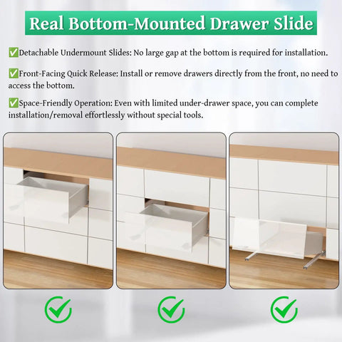 Top Shelf Undermount Drawer Slides 20 Inch Full Extension showing detachable slides and installation process for easy use.