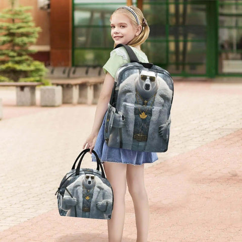 Bear Themed Sunglasses Backpack With Insulated Cooler Lunch Box, Lightweight 15.6 Inch Laptop Daypack shown on a girl