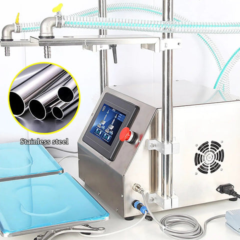 Commercial Grade Smooth Operator Automatic Dual Head Liquid Bottle Filler With Slick Touch Panel And No Hassle Adjustable Stand For Milk And Juice 35 Liters Per Minute with stainless steel components and a control panel.