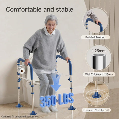 Rock-solid Aluminum Toilet Safety Frame And Adjustable Rail For Seniors Extends From 24 To 30 Inches Heavy Duty Bathroom Grab Bar supports 350 lbs.