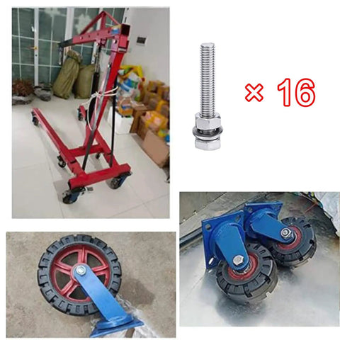 Heavy Duty Rubber Castor Wheels With Lock Brakes Chunky Steel Swivel Casters shown with blue mounts and red wheelbarrow.