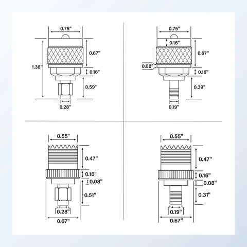 Technical drawing of Four Piece SMA To PL259 SO239 Coax Connector Kit Crimp Adapters, showing dimensions and design details.