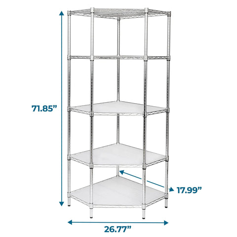 Solid Five Tier Corner Shelf With Sleek Chrome Finish And Fully Adjustable Heights Featuring Clear Protective Liners For Zero Sweat No Tool Assembly And Clean Space Saving Storage That Really Slaps In Any Room
