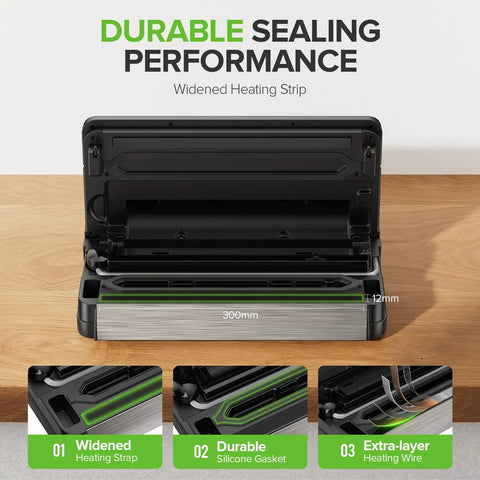 High Power Vacuum Sealer For Food with widened heating strip and durable silicone gasket visible