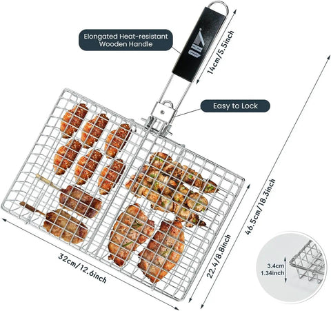 Portable Stainless Steel BBQ Grill Basket With Folding Handle For Camping Perfect For Fish Shrimp Veggies And More Heavy Duty Mesh