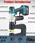 Cordless Electric Hydraulic Hole Puncher Kit With 2 Rechargeable Batteries, labeled parts and accessories overview