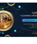 Top Notch Eight Hundred Square Foot Blue Two Millimeter Flooring Underlayment Padding With Pro Grade Vapor Barrier And Hella Effective Sound Reduction Foam For Slick Install Plus Self Sticking Tape on display with wood floor in background.
