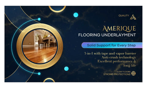 Top Notch Eight Hundred Square Foot Blue Two Millimeter Flooring Underlayment Padding With Pro Grade Vapor Barrier And Hella Effective Sound Reduction Foam For Slick Install Plus Self Sticking Tape on display with wood floor in background.