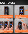 NOYAFA Stud Finder Wall Scanner showing usage steps on a flat wall, highlighting detection modes and application process.