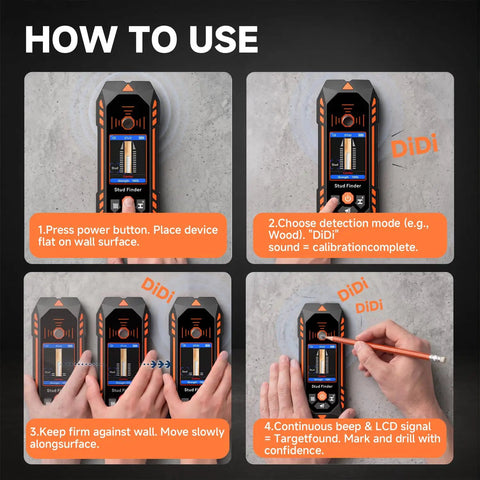 NOYAFA Stud Finder Wall Scanner showing usage steps on a flat wall, highlighting detection modes and application process.