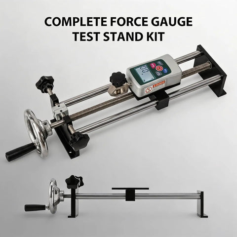 Pro Grade All In One 500N Digital Force Gauge And Manual Test Stand Kit with steel frame, 250mm stroke, side view