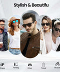 Group of people wearing sleek sunglasses in various settings like fitness, fishing, drive, travel, and bicycle activities.
