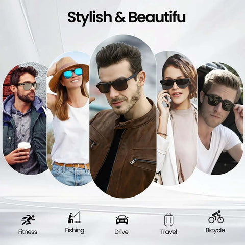Group of people wearing sleek sunglasses in various settings like fitness, fishing, drive, travel, and bicycle activities.