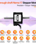 YEJMKJ through-shaft NEMA 17 stepper motor with long threaded shafts, black housing, and cable