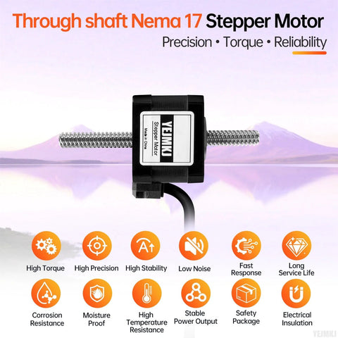 YEJMKJ through-shaft NEMA 17 stepper motor with long threaded shafts, black housing, and cable