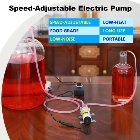 Compact Electric Water Transfer Pump With Top Shelf Food Grade Hoses and Plug And Play Adjustable Speed Settings For A Steady Two Liter Per Minute Stream During Quick 110 Volt Hookups on a table with liquids.