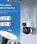 Solar Powered Security Camera With 360 Degree View And 3MP FHD Clarity, 15000mAh Battery, shown on a building wall with antenna.