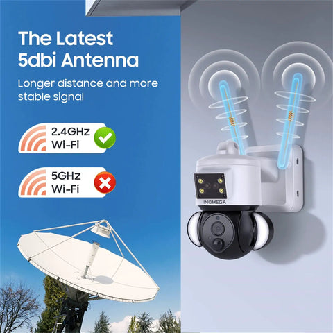 Solar Powered Security Camera With 360 Degree View And 3MP FHD Clarity, 15000mAh Battery, shown on a building wall with antenna.