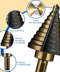 5 Piece HSS Titanium Coated Step Drill Bit Set with clear scale marks showing 50 sizes from 1/8 to 1-3/8 inch