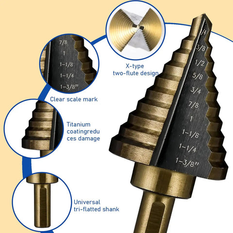 5 Piece HSS Titanium Coated Step Drill Bit Set with clear scale marks showing 50 sizes from 1/8 to 1-3/8 inch