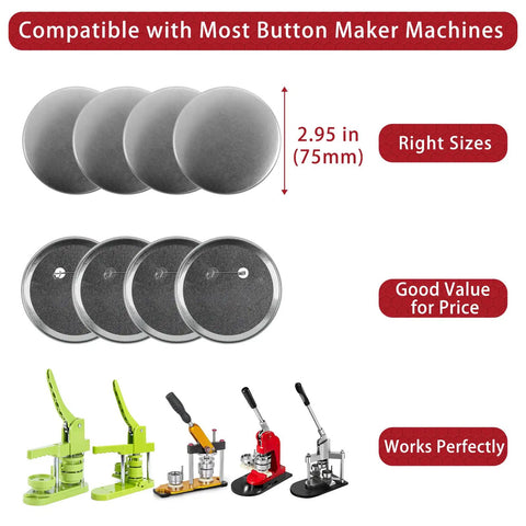 3 Inch Button Maker Supplies Kit 100 Sets 400 Pieces With 75mm 2.95 Inch Button Parts Metal Blank Badges And Blank Paper For DIY Button Making Machines Pin Makers, metal badge parts with button maker machines