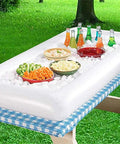 Inflatable Serving Bar For Summer Parties With Ice Chiller, Buffet Station, Drink Holder And Cooler Tray on picnic table with drinks
