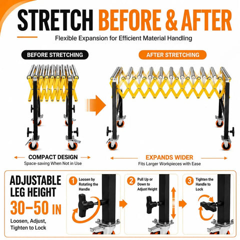Adjustable Roller Stand For Conveyor With Locking Wheels Supports Up To 980 Lbs Expandable Infeed Outfeed Support System height adjustable from 30 to 50 inches.