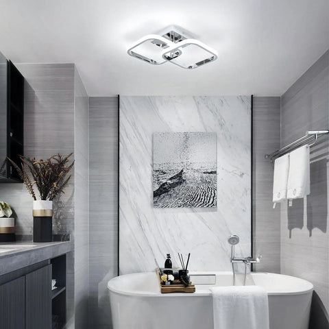 Square Modern LED Ceiling Light Fixture With Two Square Cross Design, 6000K Daylight Chrome Finish in bathroom setting
