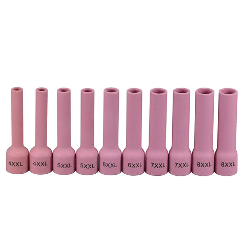 Extra Long Alumina Ceramic TIG Welding Cup Set For WP9 Torches 10 Piece Kit with multiple size cups shown in line