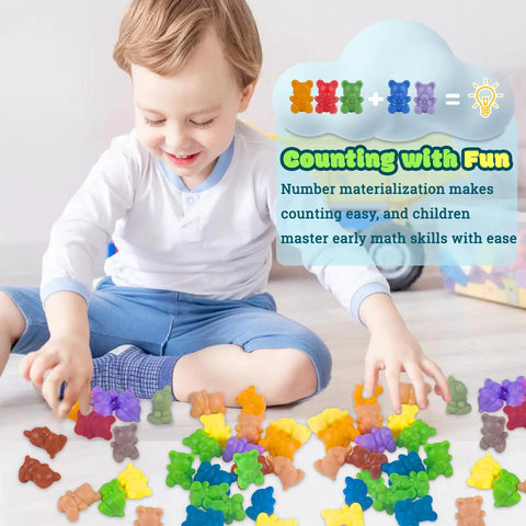 Child enjoying Awesome Rainbow Counting Bears Set Of 100 Bright Plastic Sorting Toys For Toddlers on floor.
