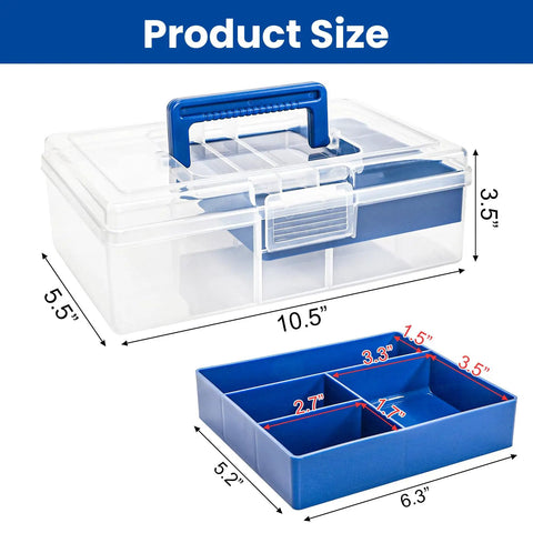 Two Pack Small Plastic Tool Box With Handle 2 Layer Clear Organizer With Removable Divider showing dimensions
