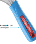Close-up of the Code Blue handle on the Six Inch WideAzz Adjustable Wrench With Beefy 75 Percent Wider Jaws for tight spaces.