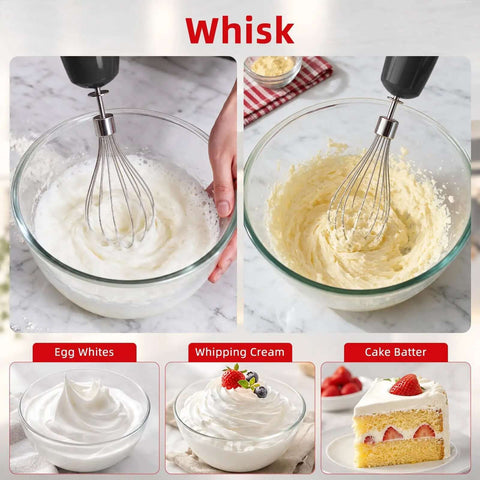 Top Shelf 1000W Five In One Immersion Blender Kit With Heavy Duty Food Chopper And Silent Whisk Tool for whisking egg whites and cream.