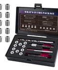 Front view of SENNMONN M6x1.0 thread repair kit in case with stainless steel inserts, drill, tap, driver and counterbore