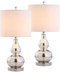 Set of two Mercury Silver Glass Table Lamp With Slick Modern Gourd Look White Linen Shade Bedside Nightstand Light For Bedroom And Living Room LED Bulb Included ETL Listed