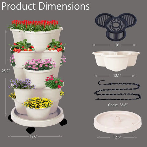 5-Tier Vertical Garden Tower Stackable Planter For Strawberries, Flowers, Vegetables And Herbs In Beige with dimension details