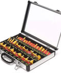 Top Shelf 35 Piece Router Bit Kit With Heavy Duty Tungsten Carbide Tips One Quarter Inch Shank Woodworking Rotary Tool Set displayed in an open case.