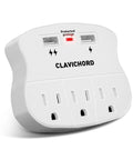 Surge Protector Wall Mount with 3 Outlets and 2 USB Ports, Compact Power Strip for Home Office School in white with protection indicator.