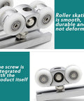 No Stress Stainless Steel Casters With Slick Bearing Rollers Retractable Four Wheel Sliding Door Pulley Kit close-up showing smooth nylon wheels and integrated screw.
