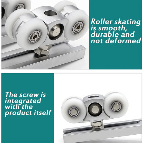 No Stress Stainless Steel Casters With Slick Bearing Rollers Retractable Four Wheel Sliding Door Pulley Kit close-up showing smooth nylon wheels and integrated screw.