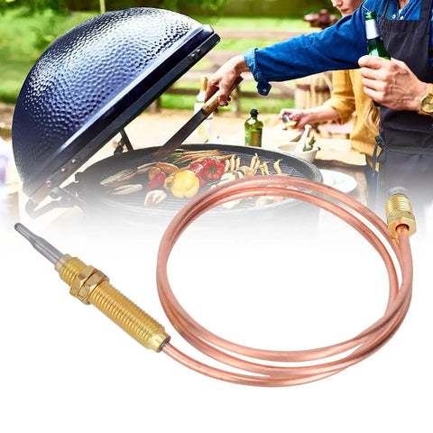 Gas Thermocouple With M8x1 End Nut And Head Tip Sensor For Outdoor Gas Setups next to a barbecue grill with veggies