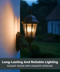 Outdoor Post Lantern With 3 Lights, 28 Inch Black Exterior Lighting Fixture, Clear Glass Shades on wall at night
