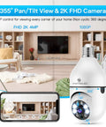 Plug And Play Light Bulb Security Camera 2K, 2.4GHz Wireless WiFi Bulb Cam With 360 Degree Pan Tilt, shown in living room setup