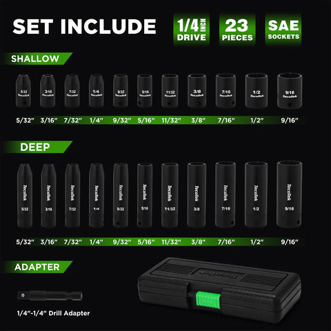 Heavy Duty 23-Piece 1/4 Inch Drive Socket Set With Deep And Shallow 12-Point Impact Sockets Cr-V Steel SAE 5/32 To 9/16 Inch Includes Drill Adapter