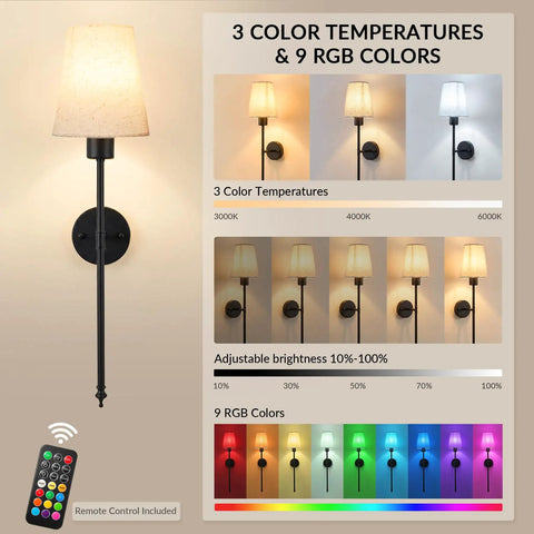 Konvixon Wall Sconces Battery Operated Set of Two, RGBWW with Remote, Black displaying color temperatures and RGB options.
