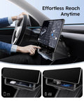 Under Screen Center Console Organizer For Model Y 2019 Through 2026 Including Juniper 2025 2026 Standard Premium And Performance Concealed Center Console Organizer Tray Quick Easy Stable Installation shown in use inside vehicle.