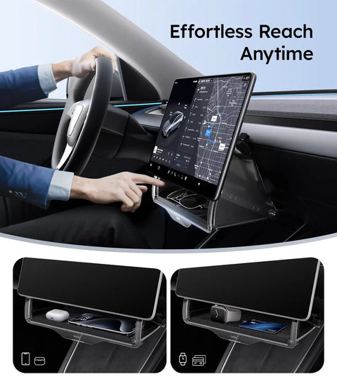 Under Screen Center Console Organizer For Model Y 2019 Through 2026 Including Juniper 2025 2026 Standard Premium And Performance Concealed Center Console Organizer Tray Quick Easy Stable Installation shown in use inside vehicle.