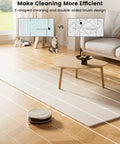 Pet Hair Slaying Slim Robotic Vacuum With Strong Suction Up To 4000Pa navigating on hardwood floor next to a carpet with cats in the room.